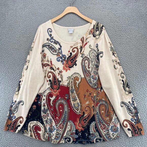 Chicos Sweater Womens 2 US Large Beige Multi Paisley Stretch Everyday Pullover - Picture 1 of 9